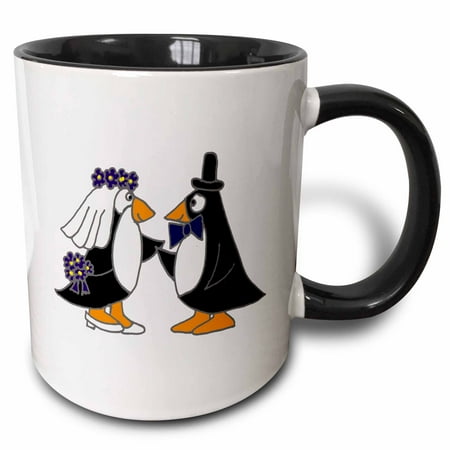 

3dRose Funny Penguins Bride and Groom Wedding Cartoon - Two Tone Black Mug 11-ounce