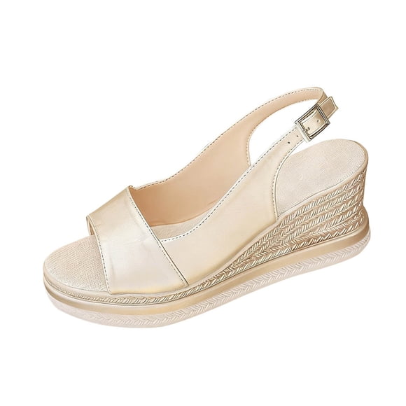 Rose Gold Women'S Wedge Sandals Casual Comfortable Round Toe Open Toe Buckle Plus Size Pu Material Rose Gold Color Size 7 Us Foot Length 9.65 Inches