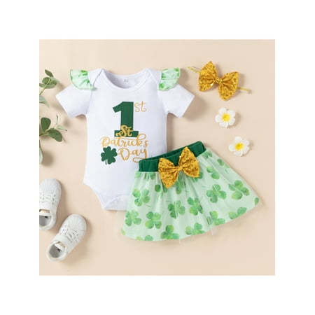 

Baby Girl St Patricks Day Outfit Newborn Toddler Skirt Set Flying Sleeve Romper Lace Skirt Clover Dress 3PCS Clothing Set (White 12-18 Months)