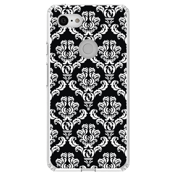 DistinctInk Clear Shockproof Hybrid Case for Google Pixel 3 XL (6.3" Screen) - TPU Bumper, Acrylic Back, Tempered Glass Screen Protector - Black White Damask Pattern - Floral Damask Pattern