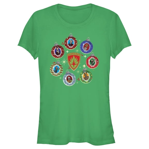 Junior's Guardians of the Galaxy Holiday Special Character Ornaments Graphic Tee Kelly Green Small