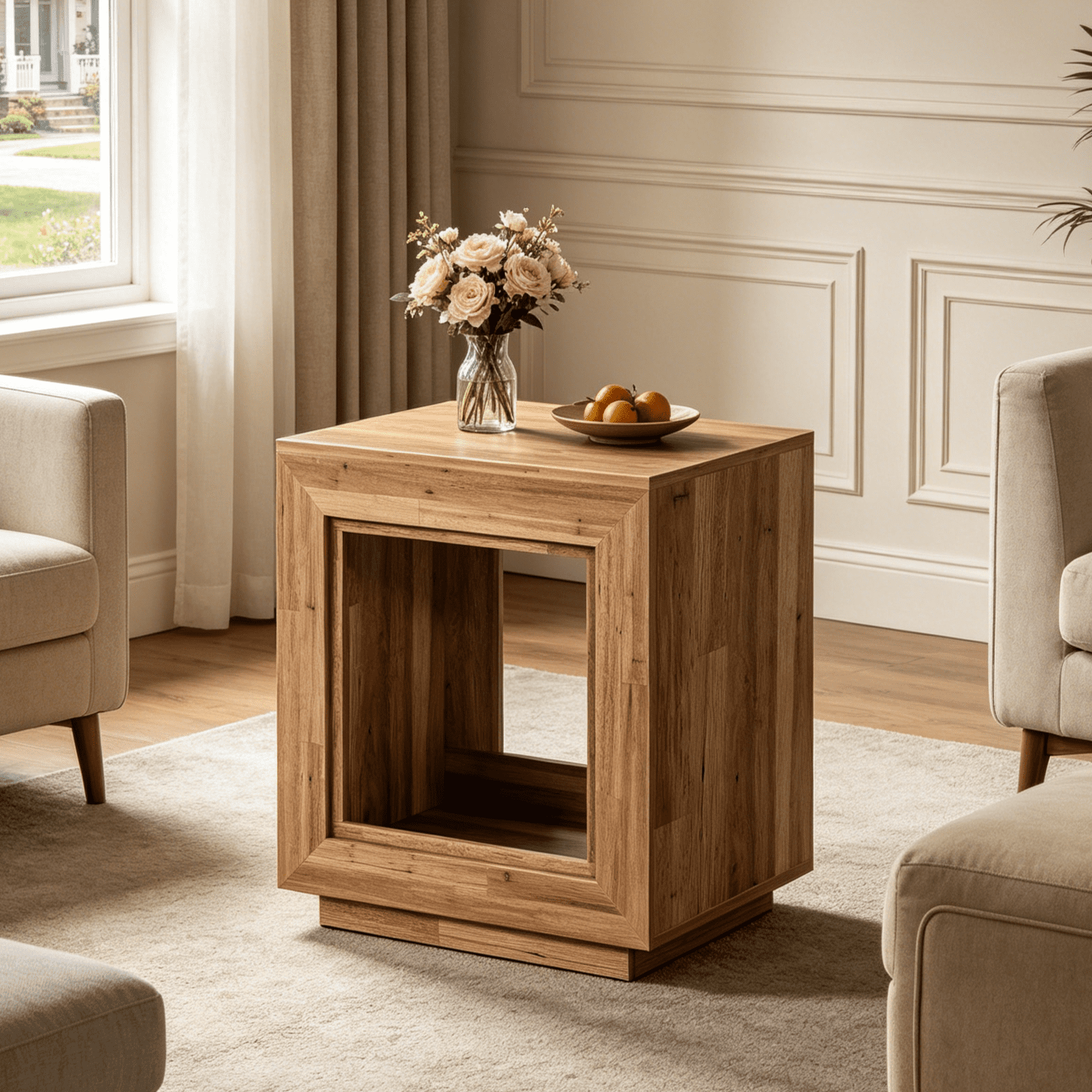 Fnova End Table Farmhouse Square Side Table with Storage, Wooden Sofa Table with Central Hollow Design, Modern Bedside Table, Easy Assembly, for Living Room, Bedroom, Nightstand