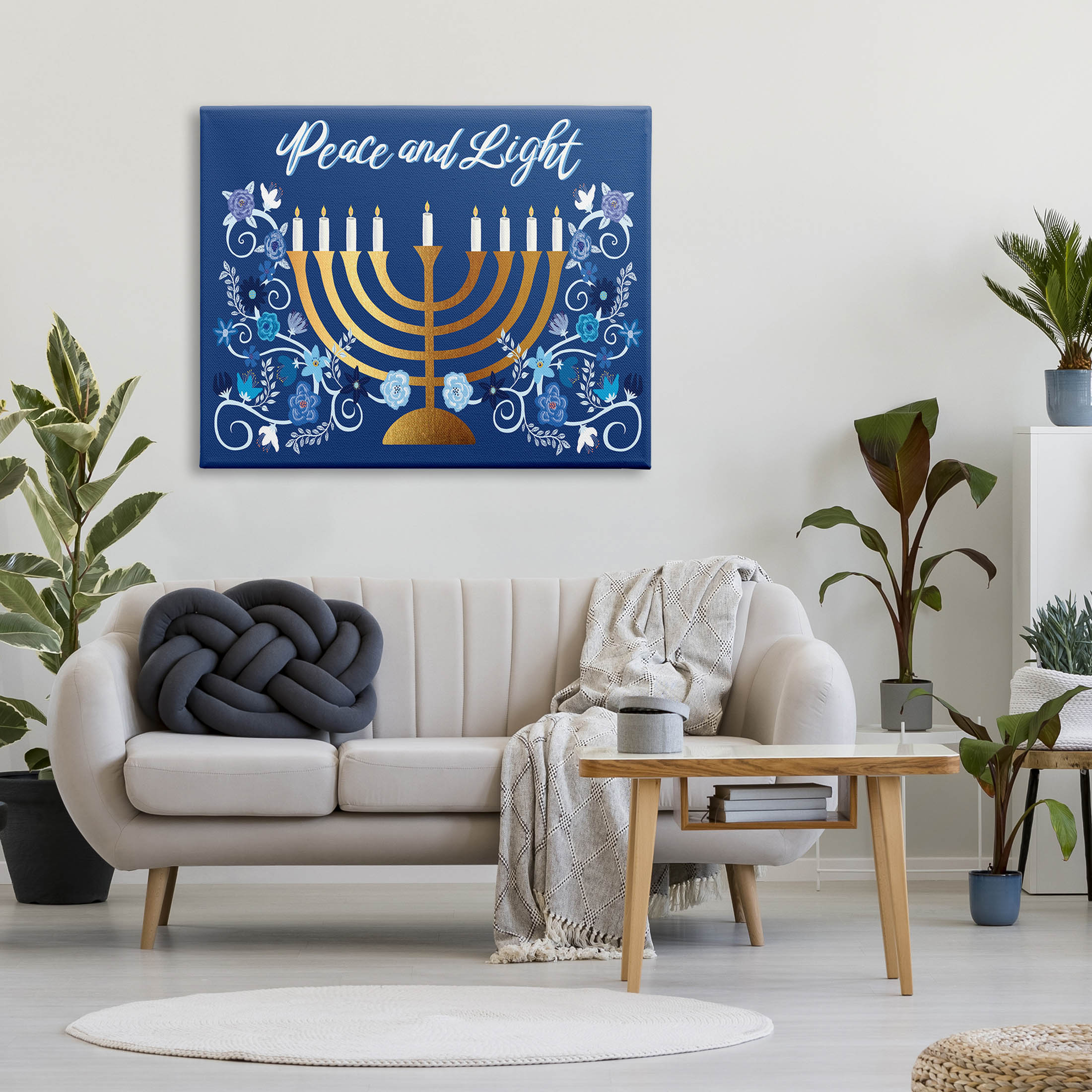 Peace & Light Floral Hanukkah Menorah Holiday Graphic Art Gallery Wrapped Canvas Print Wall Art