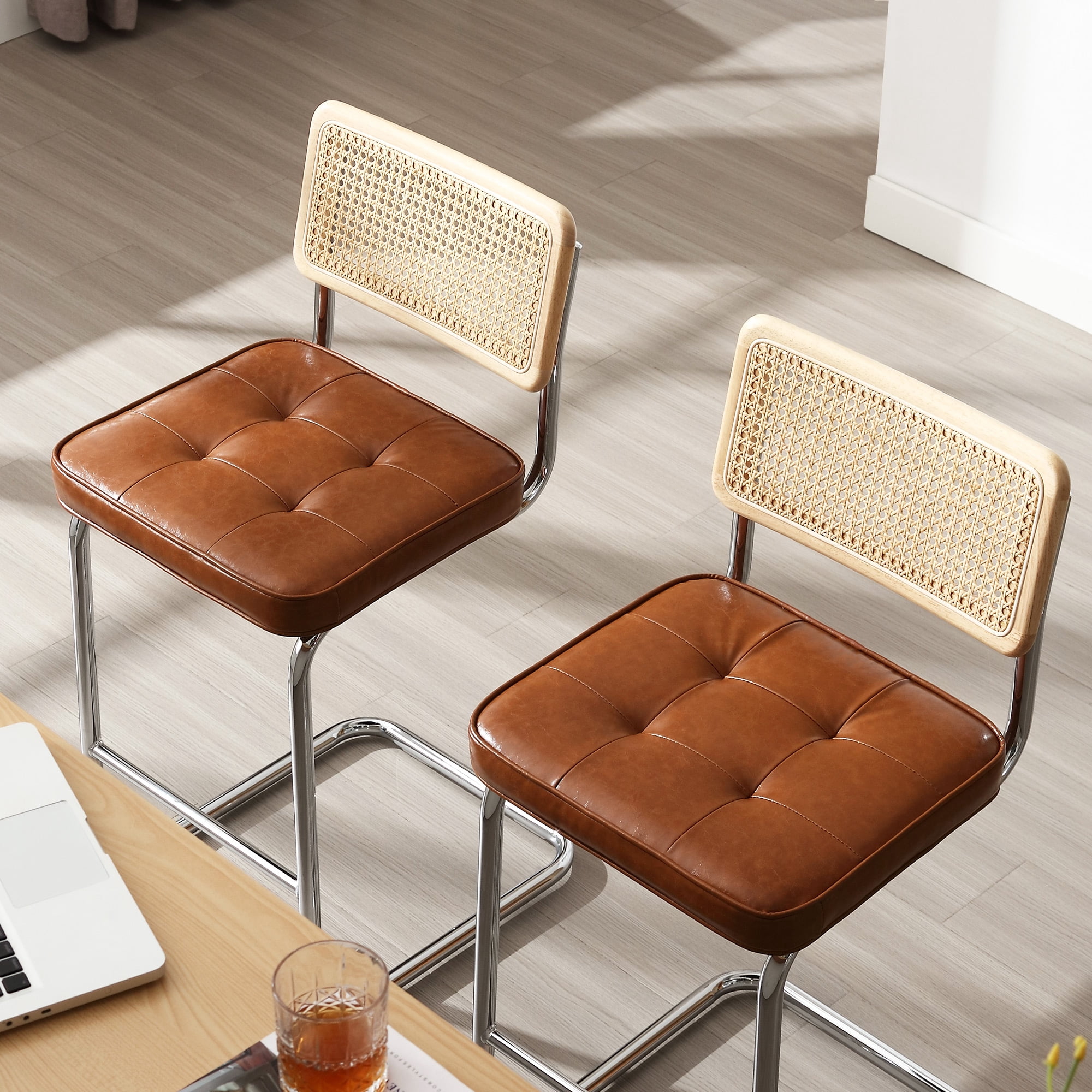 Zesthouse Rattan Counter Height Bar Stools Set of 2, 26″ Faux Leather Counter Height Barstool with Cane Back, Mid Century Modern Bar Chairs for Kitchen Island, Brown