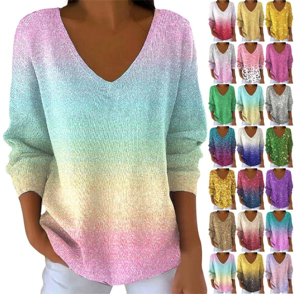 Kcolen Valentines Sweater Women Sequin Tops Fashion Casual Blouses Sparkly V Neck Shirts Holiday Party Long Sleeve Valentine Sweater Dressy Outfits