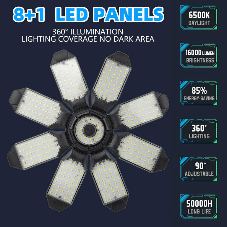 Eclairage LED Garage 200W 20000LM 6500K Plafonnier 12+1 Panneaux Réglables  Culot E26/E27