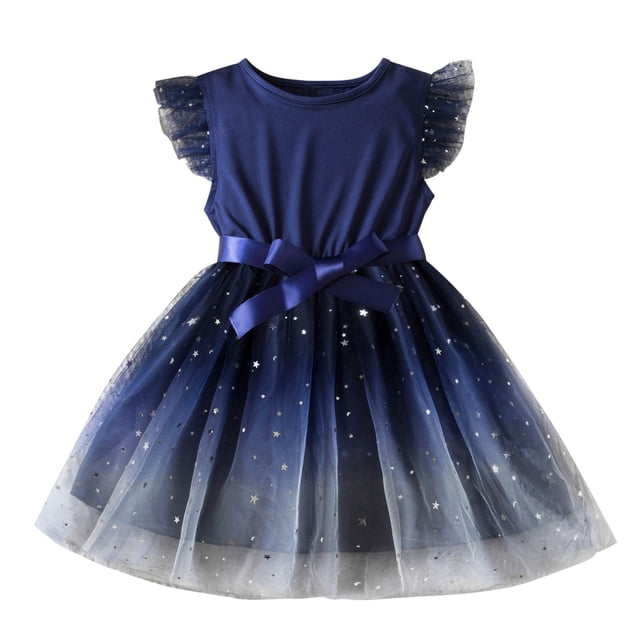 vdgthytj Robe en Tulle pour Bébé Fille Été Manches Volantes Nœud en Maille Princesse Fête d'Anniversaire Robes