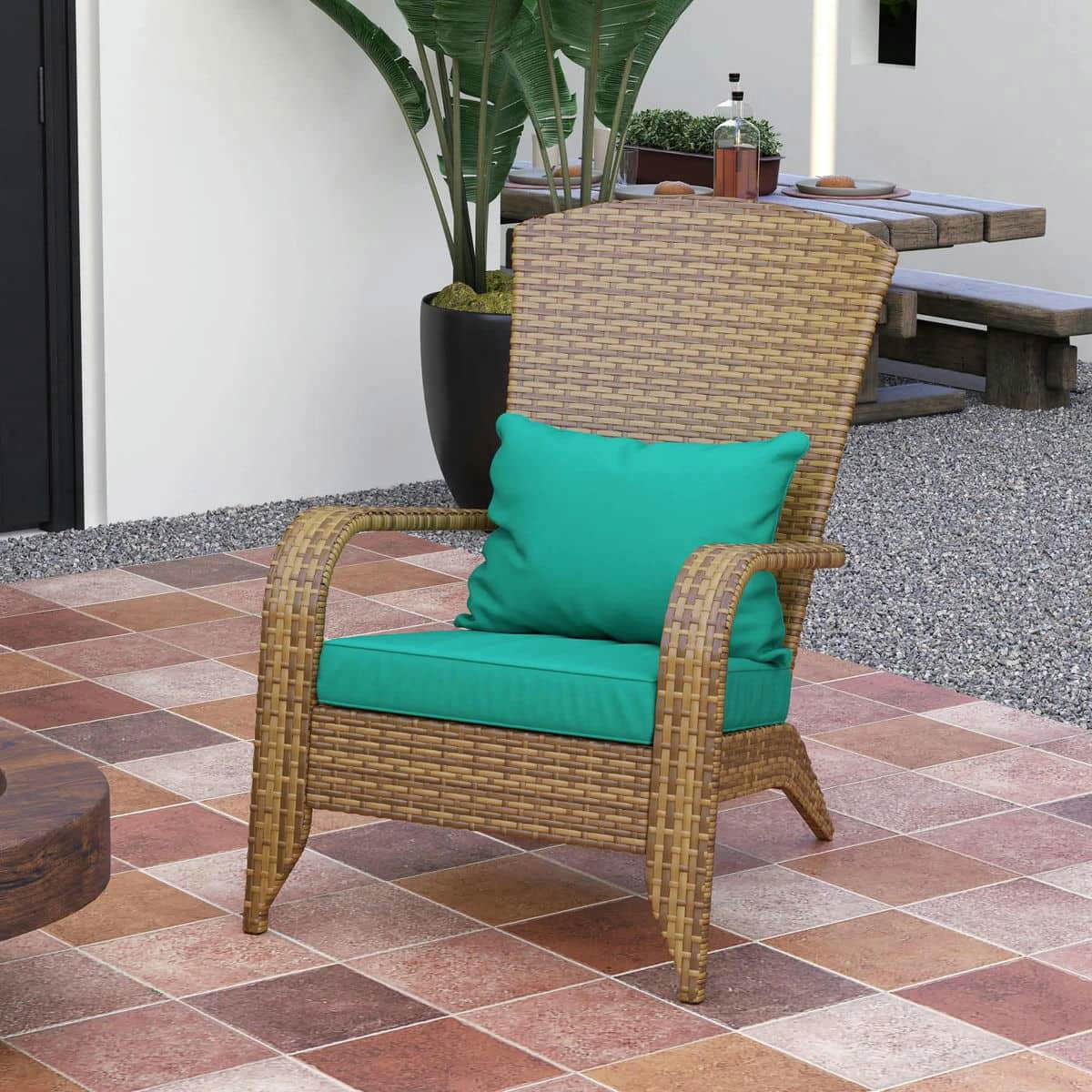 Spaco Patio Adirondack Chair with Rattan Wicker, Rattan Chair with Soft Cushions and Tall Curved Backrest for Outdoor, Sky Blue