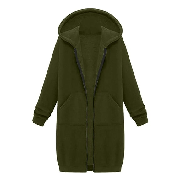 Women's Solid Color Slim Fit Zipper Round Neck Long Sleeve Loose Hooded Mid Length Coat for Fall and Winter Fashion,Army Green,L