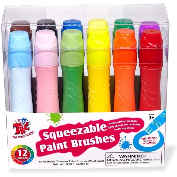 TBC The Best Crafts 12 Colors Squeezable Brush Paints For Beginners For Early Learning, Washable Tempera Paint Brushes, Assorted Baisic/ Neon/ Pastel Colors( 24ml/0.8oz Each), Easy To Paint