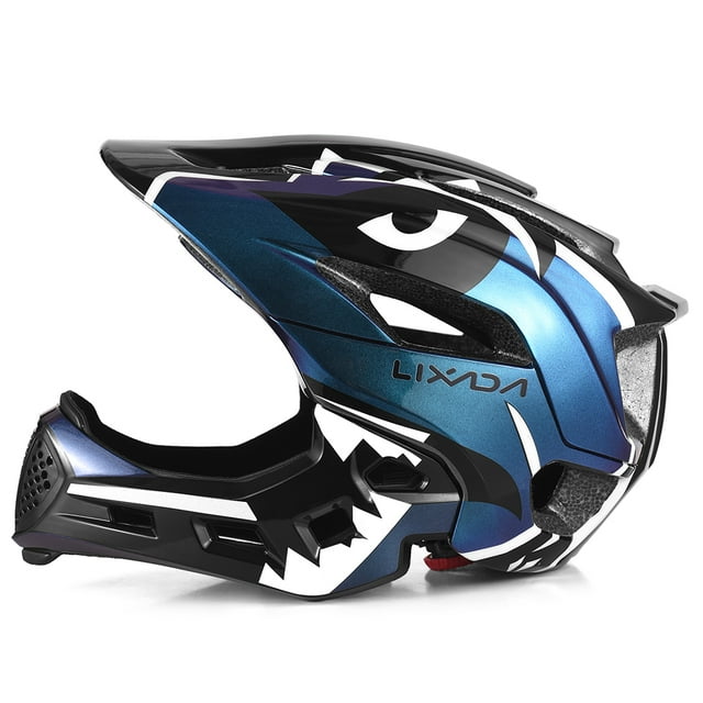 Safety headgear, Safety Helmet Kids Helmet Children by Lixada in a vibrant blue color with a bold graphic design. This detachable full-face helmet features a strong polycarbonate shell and shock-absorbing EPS foam for maximum protection. It includes 13 air vents for ventilation, a vented mouth guard, and an adjustable dial for a secure fit. The helmet is suitable for head circumferences of 52-56cm with a 12mm liner or 54-58cm with an 8mm liner. The removable and washable liner ensures freshness, and the visor provides shade for the eyes. Ideal for cycling, skateboarding, and roller skating.