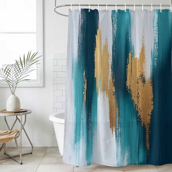Abstract Teal Gold Waterproof Fabric Shower Curtain,Green White Wall Art Textured Waterproof Fabric Shower Curtain for Bathroom Curtains Bathtubs Hotel Shower Curtains with 12 Hooks Stall 48x72in