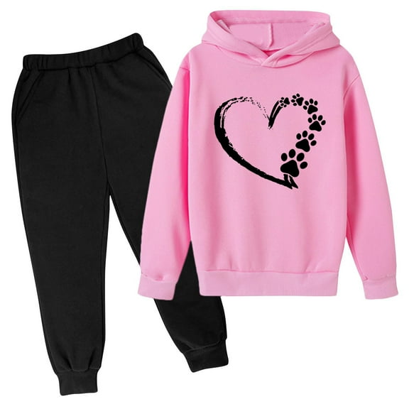 Byoo Hoodie Set for Girls Heart Print Pullover Hoodie Jogger Pants Casual Sports Sweatsuit
