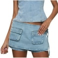 thumbnail image 2 of Xixinqiwan No Boundaries Women Jean Denim Skort Sexy Low Waisted Asymmetrical Short Mini Denim Skirt Cargo Short with Pockets, 2 of 6