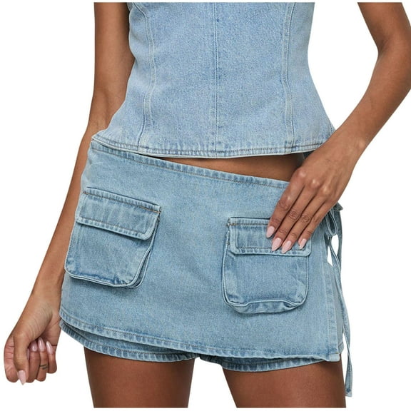 biudgviw Denim Skorts for Women Vintage Low Waisted Wrap Short Jeans Overlay Side Tie Knot Cargo Shorts with Pockets