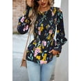 thumbnail image 4 of Round Neck Shirred Floral Print Peplum Long Blouse for Women Black Large, 4 of 5