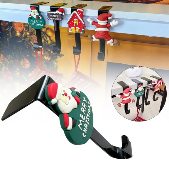 Christmas Stocking Holders For Mantle - No-Nail Fireplace Hooks With Festive Santa & House Designs