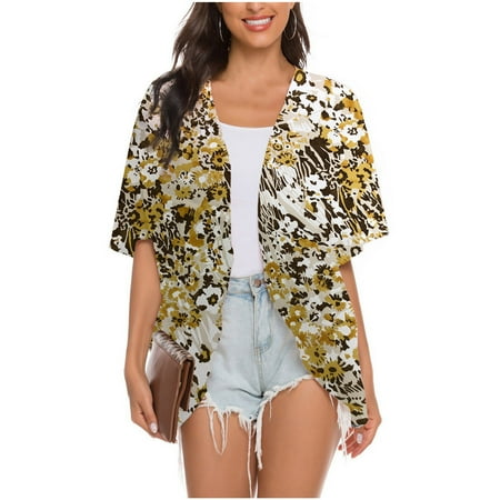 

Christmas Deals Women s Loose Fitted Half Sleeve Chiffon Kimono Shawl Lightweight Sunscreen UV Protection Beach Cover Up Outwear