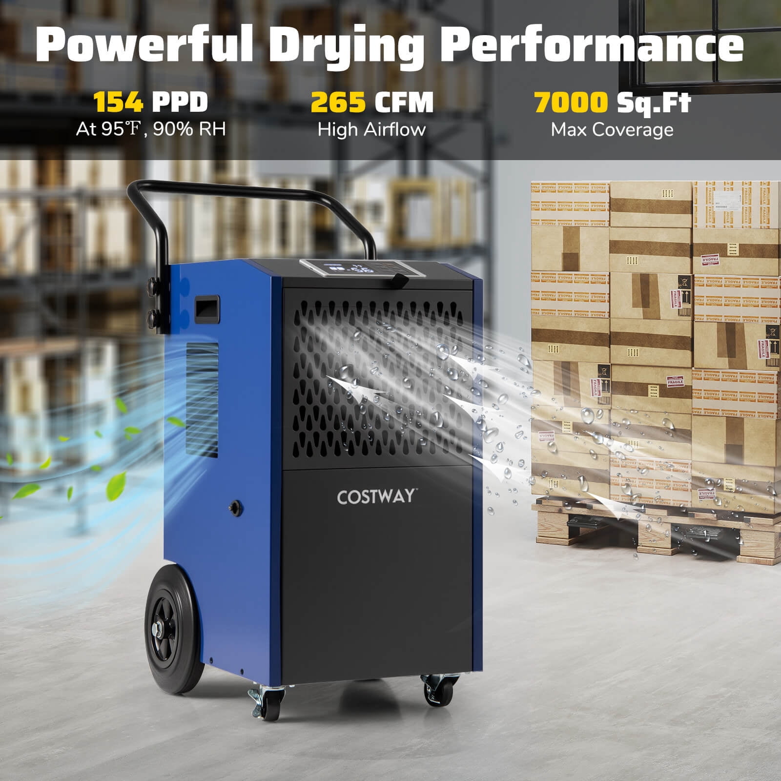 Costway 49-Pint(DOE) Commercial Dehumidifier with Pump Drain Hoses for Basements Job Sites 7,500 Sq.ft Coverage Area (MAX 154Pint at 95°F, 90%RH)