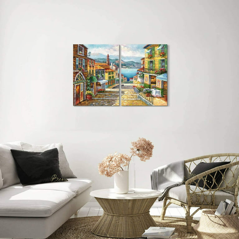 LIVEDITOR Abstract Coastal Town Seaside Villa Artwork Painting Hand Painted  on Canvas for Bedroom (24'' x 18'' x 2 Panels) 