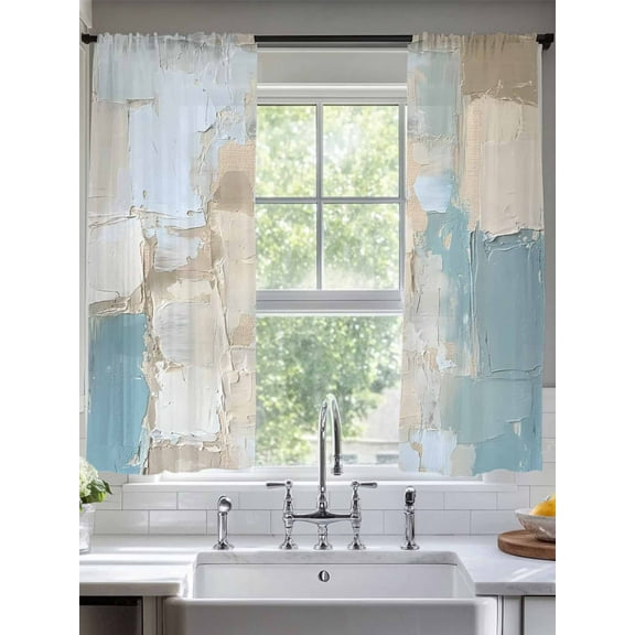 Modern Abstract Sheer Curtains for Living Room Bedroom Blue Brown Color Blocks Sheer Curtains 63 Inch Long 2 Panels Set Light Filtering Curtain Window Treatments Drapes for Dining Room