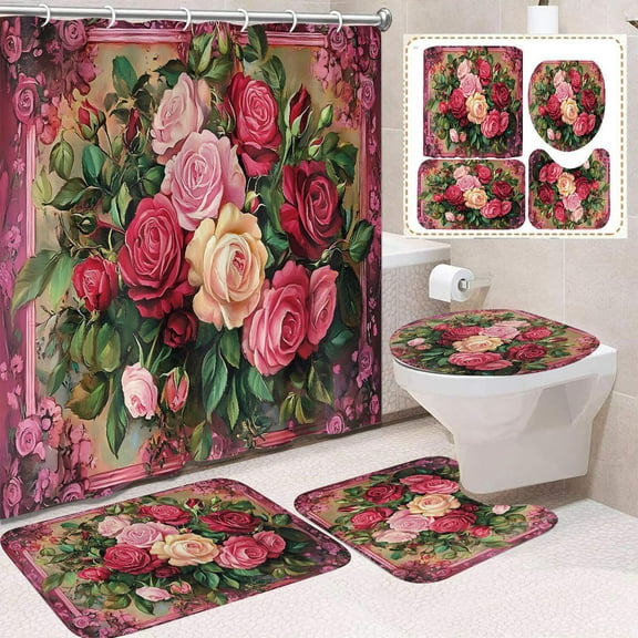 Valentines Day Shower Curtain Set with Bow Print Romantic Bathroom Decor Waterproof Polyester Bath Mat Toilet Lid Cover Non-Slip Floor Mat for Couples Anniversary Gift Home Decor