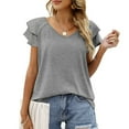 thumbnail image 2 of TEMOFON Women Summer Tops Fashion V Neck Tops Loose Fit Shirts Short Sleeves Solid Gray Tee Ruffle Tunic tops Fashion T Shirts for Women, 2 of 5