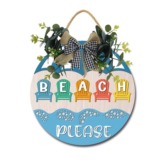 Beach Please Wooden Front Door Sign Rustic Round Wreath Wall Hanger Porch Decor Spring and Summer Farmhouse Decoration Housewarming Gift 12 Inches
