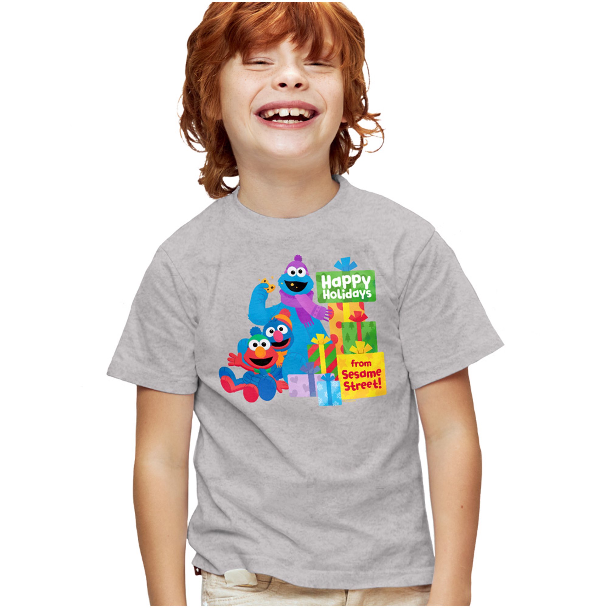 Sesame Street Happy Holidays Gifts With Elmo, Grover, Cookie Kids T Shirt for Youth Boys and Girls, Athletic Heather, Small