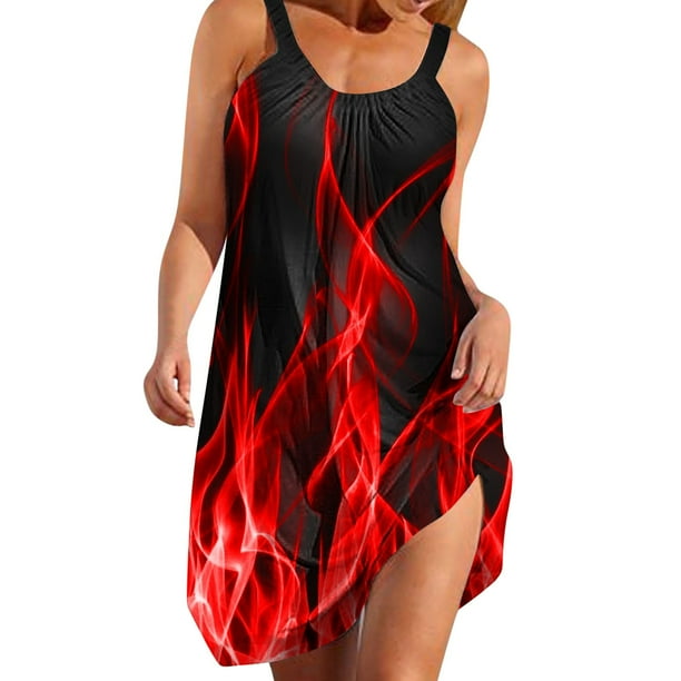 Vestido de Verano para las Mujeres Impreso sin Mangas Cuello Redondo, Suelto de Rodilla de Longitud Vestido Casual para la Primavera