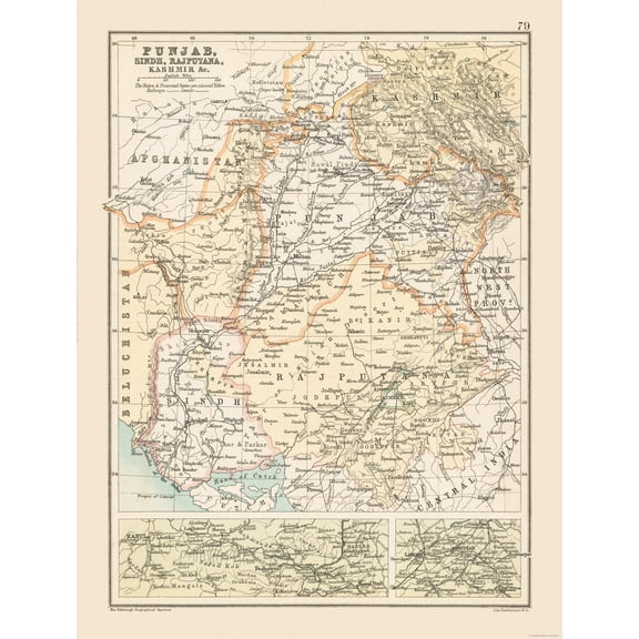 Historic Map - Punjab India Pakistan - Bartholomew 1892 - 23 x 30.19 - Vintage Wall Art