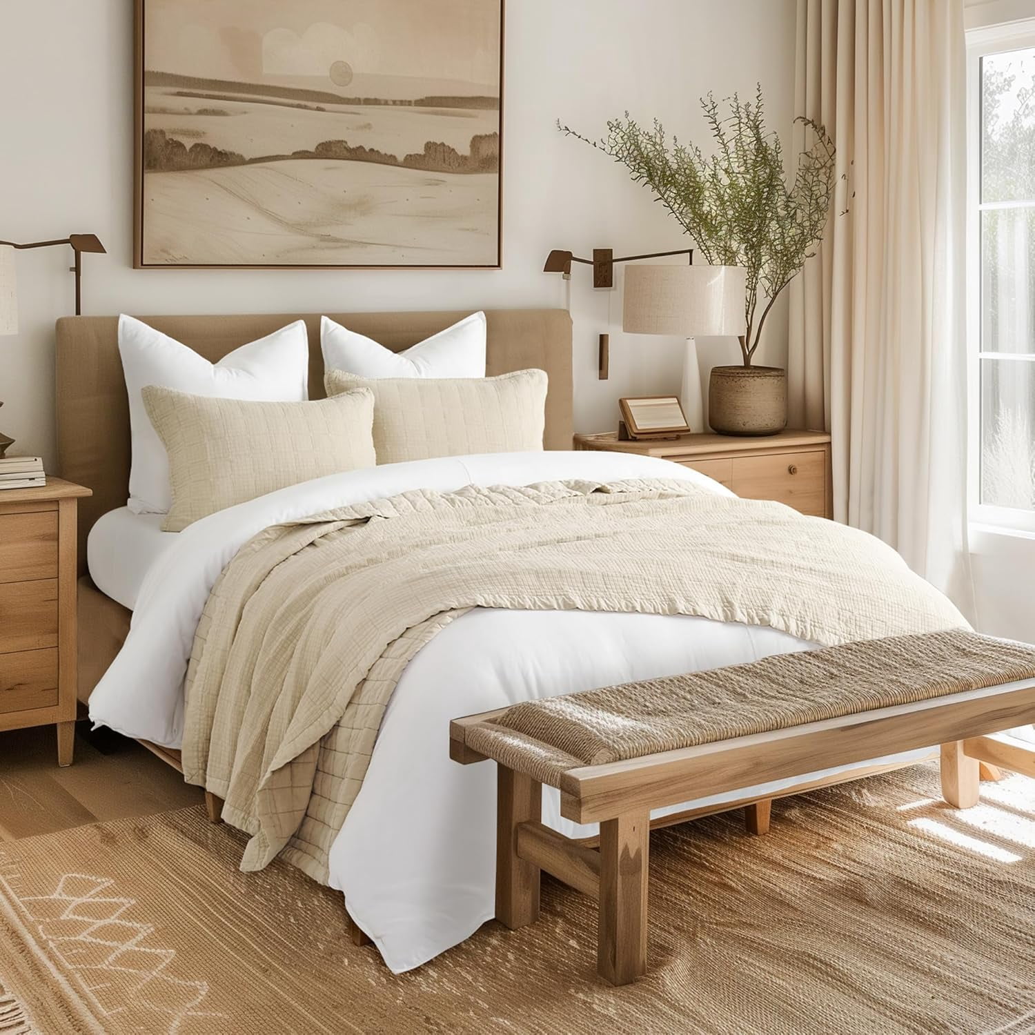 EVERGRACE Stonewashed Cotton Quilt Set Full Queen Size, Ultra Soft Oversized Bedspread Coverlet Set, Lightweight Crinkle Box Stitch Bedding Sets for All Season, with 2 Shams, Flax Beige