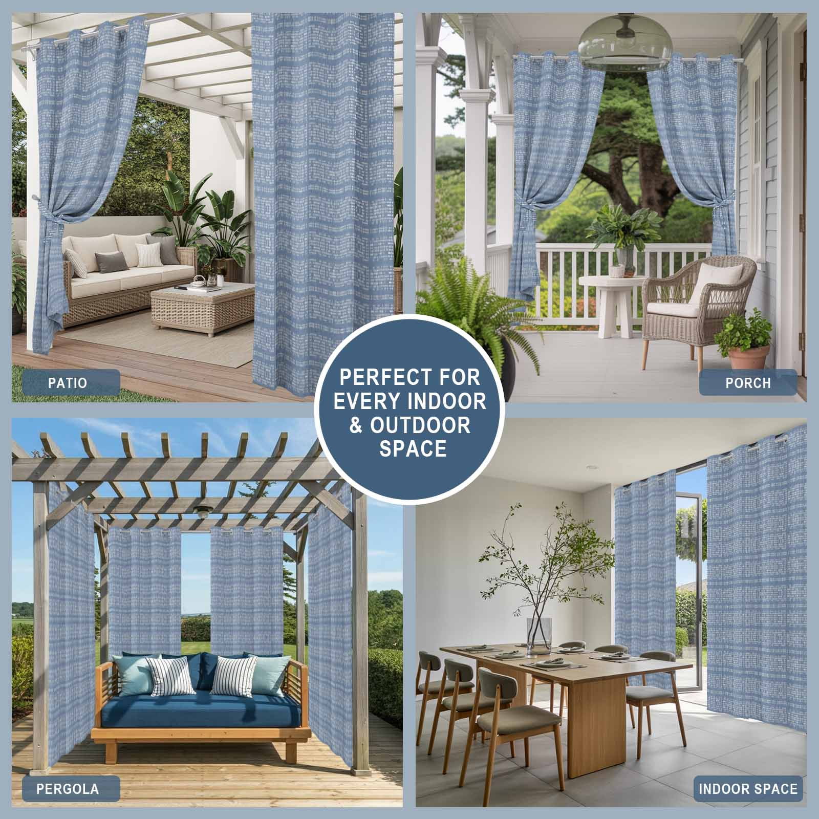 Blue White Pixels Outdoor Curtains for Patio, Modern Contemporary Abstract Boho Sunshade Privacy Drapes Grommet Waterproof Outside Curtains for Porch/Cabana/Balcony 54"x 95", 1 Panel