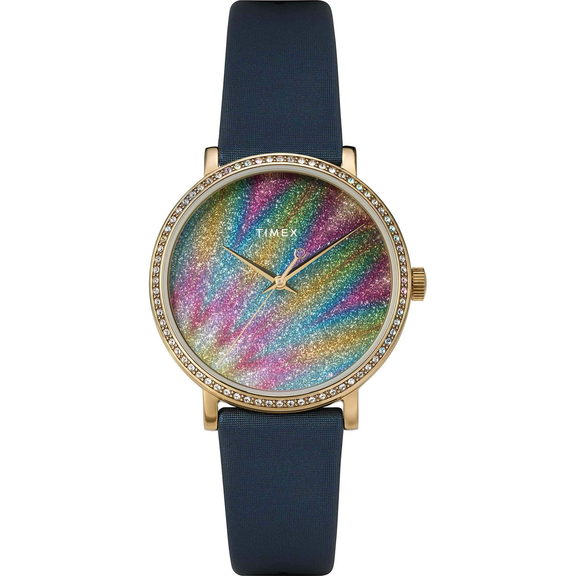 Timex Womens Celestial Opulence 38mm Gold tone Case with Crystals Glitter Dial Blue Leather Strap