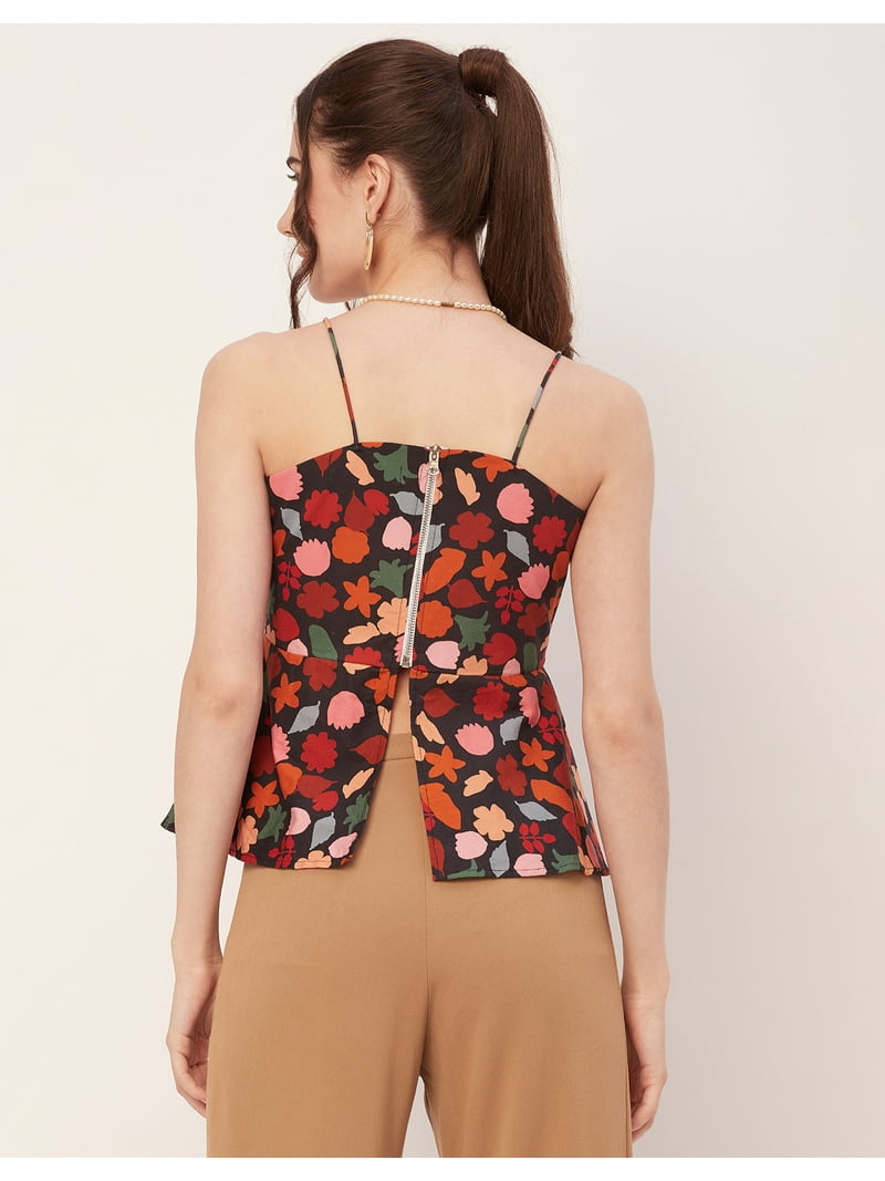 Moomaya Printed Peplum Tops For Women, Noodle Strap Blouse Top W