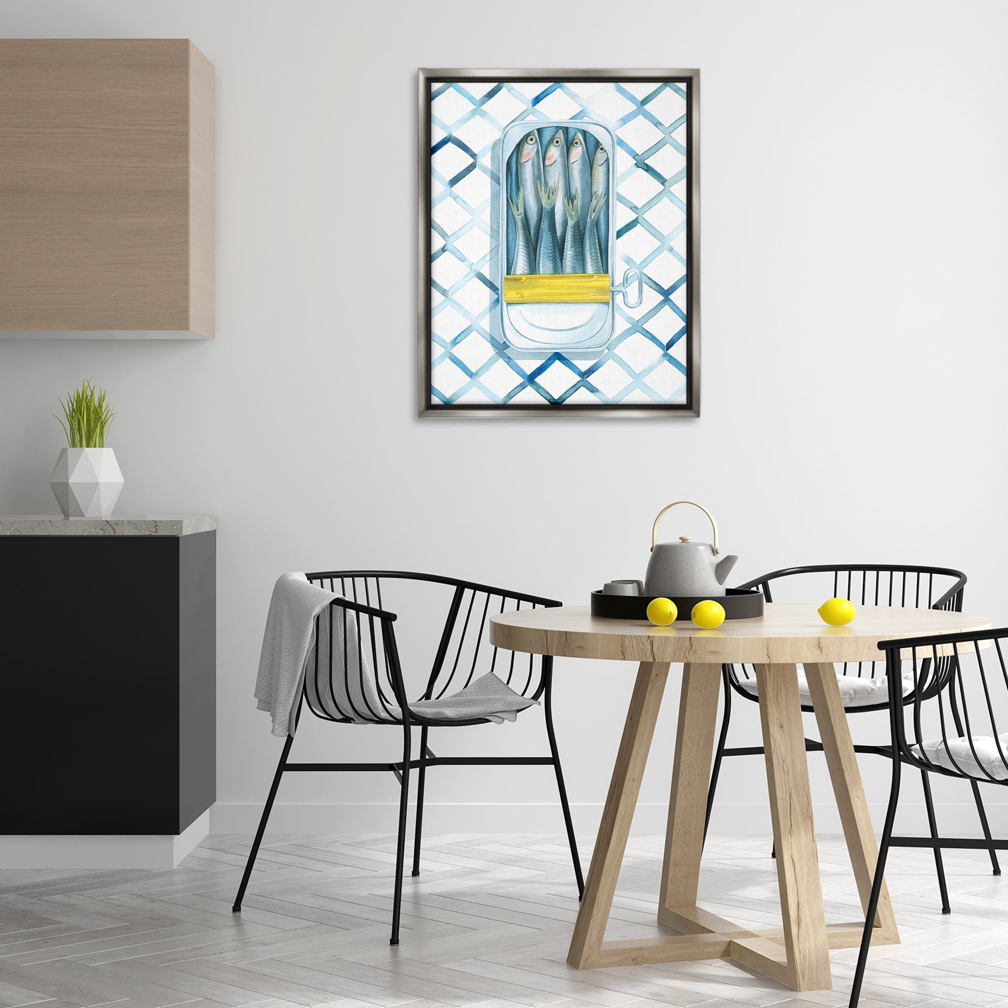 Stupell Industries Sardine Can on Pattern Food & Beverage Painting Gray Floater Framed Art Print Wall Art, 25 x 31