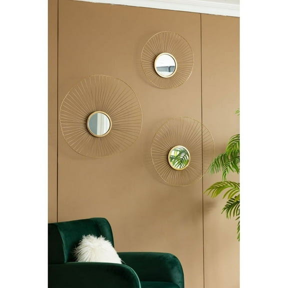 Set of 3 Wall Mirror Abstract designed Wall mirrors with Gold Frame for Home & Office,Top of Sideboard L:26x5x25.5" M:22x3.5x22" S:18x2.5x18" On-Site