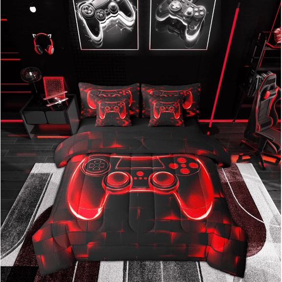 Manfei Futuristic Gamepad Boys Twin Bedding Sets 7-Piece, Black Red Honeycomb Bedding Comforter Set, Geometric Abstract Reversible Sheet Sets, Ultra Soft Home Decor