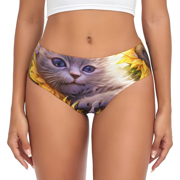 Fotbe Daisy Sunflower Lazy Cat Calzones Estampados para Mujer – Ropa Interior de Algodón, Cómoda, Suave y Elástica-3X-Large