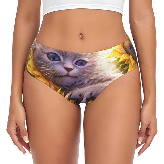 Balery Daisy Sunflower Lazy Cat Ropa Interior de Algodón para Mujer con Dibujo – Braguitas Cómodas y Elásticas, Estilo Clásico-3X-Large