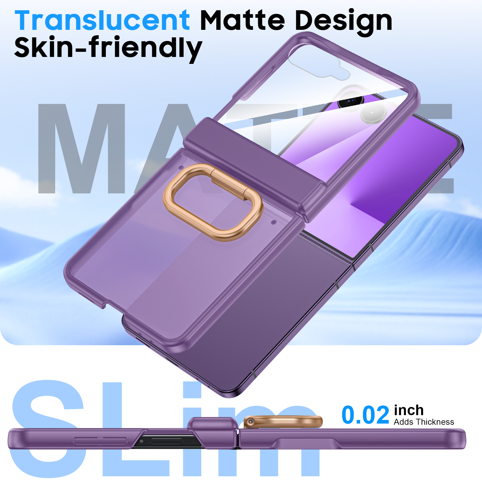 Vizvera for Samsung Galaxy Z Flip 7 Case with Ring Holder & Screen Protector & Hinge Protection,Wireless Charging,Skin Feel Matte PC,Shockproof Phone Case-Purple