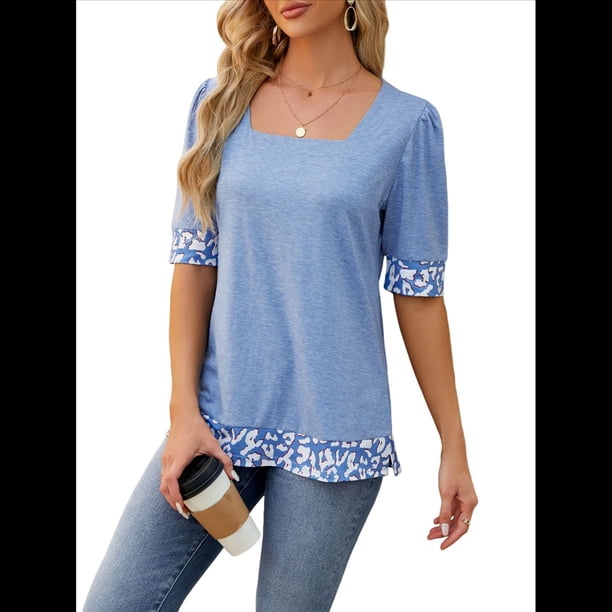 Camiseta de Verano para Mujer, Estilo Casual, de Corta y Cuello Cuadrado, Holgada, con Estampado de Vaca y Bloques de Color. Azul L