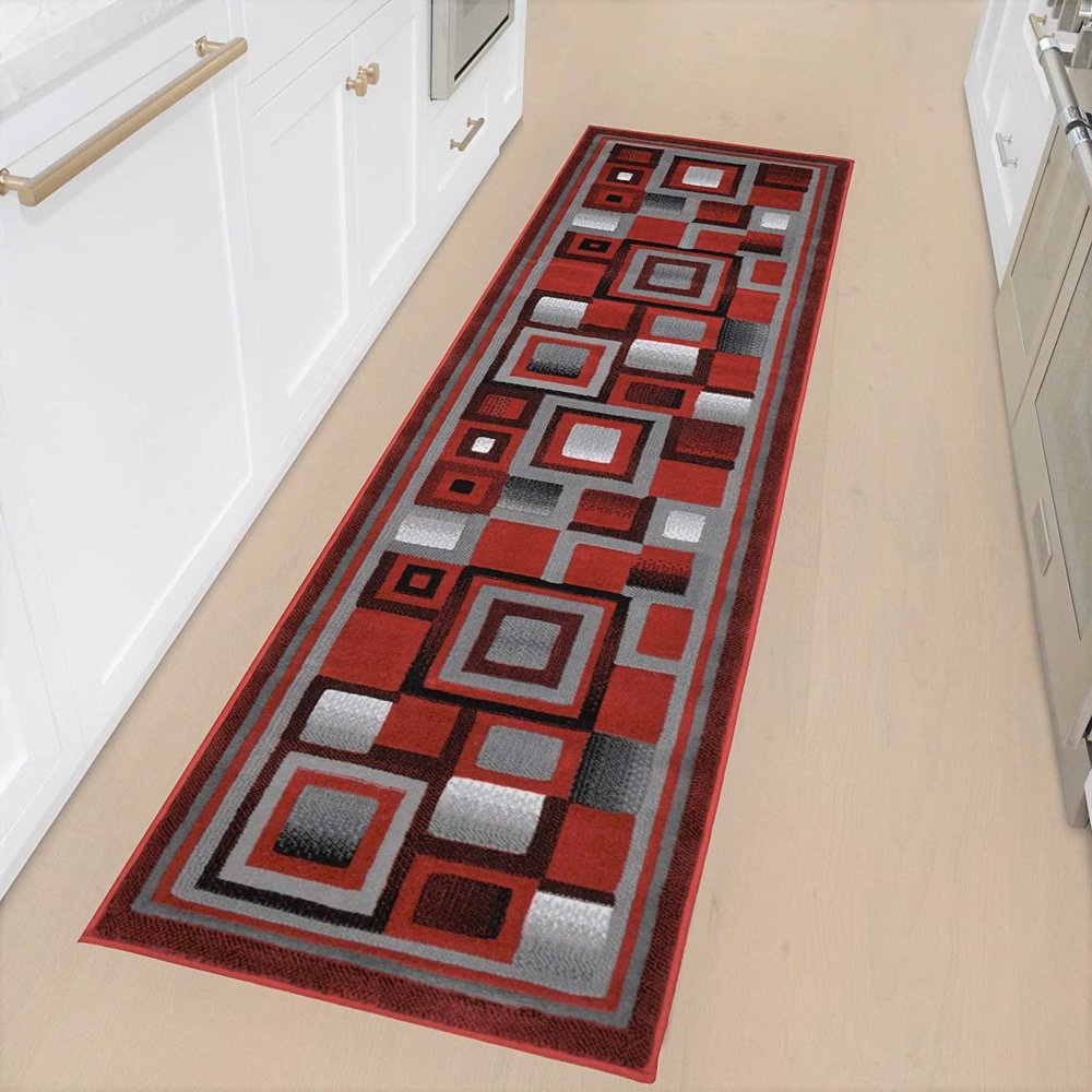 HR Rugs Red Gray and Black Abstract Geometric Modern Squares Pattern