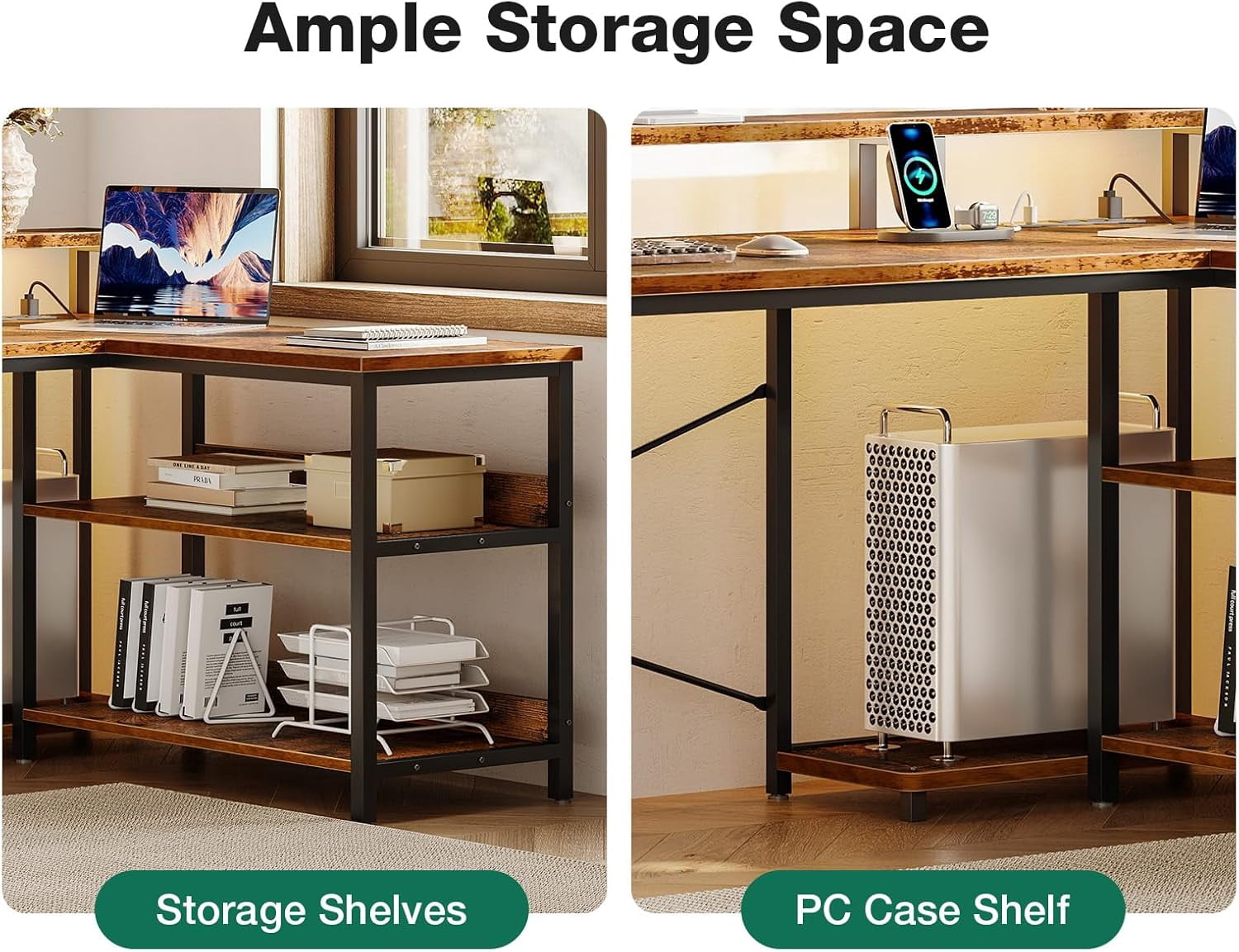 AODK 75" L Shaped Computer Desk with Power Outlet & File Drawers, Reversible Corner Desk for Home Office, Gaming & Remote Work, Includes Storage Shelves & Monitor Stand, Vintage
