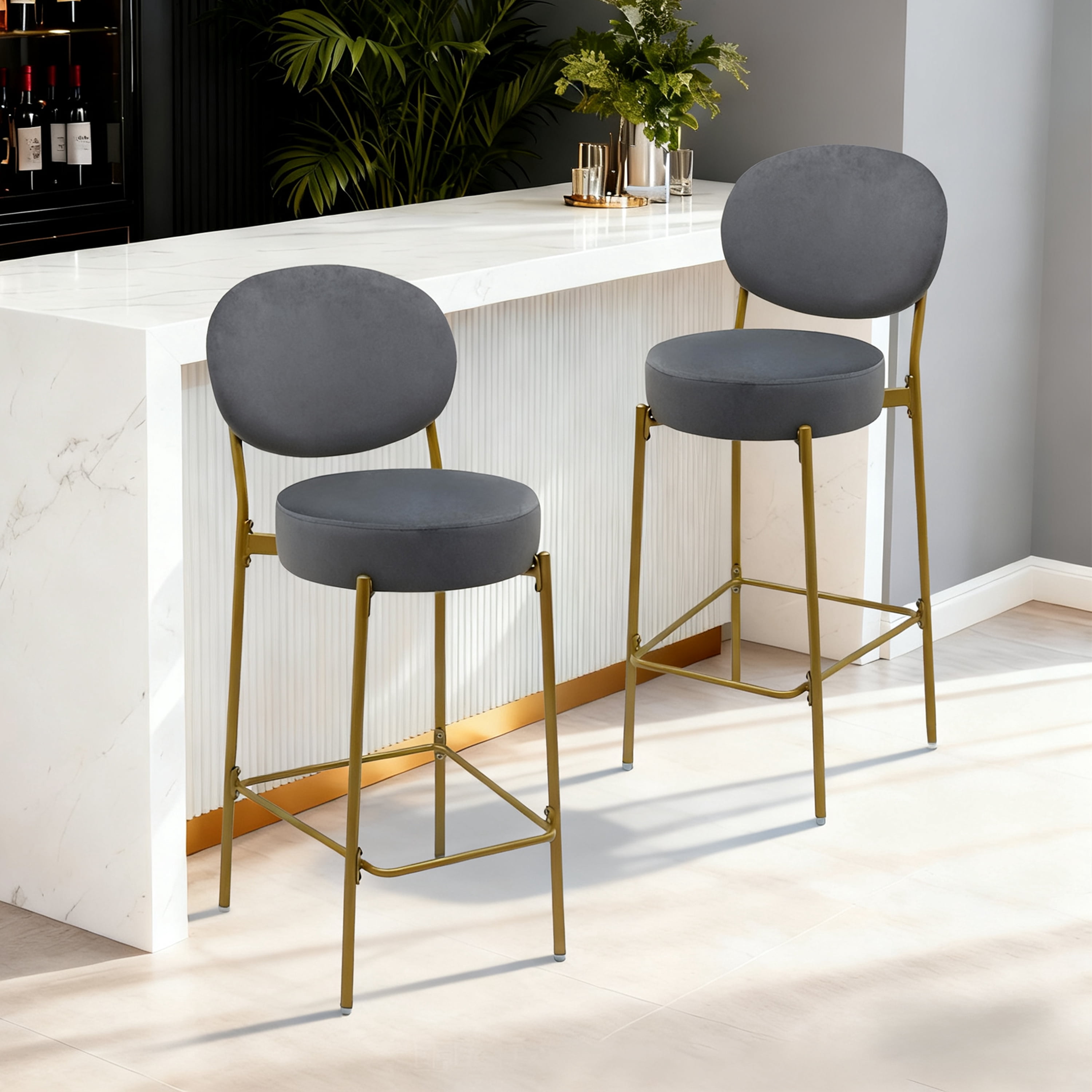 Velvet Upholstered Bar Stools 2 Pack with Gold Legs Counter Height Stools Featuring Backrest and Footrest for Kitchen Dining in Gray