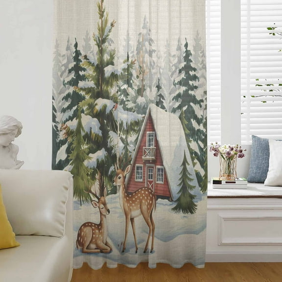 Christmas Semi Sheer Curtains Drapes for Living Room,Bedroom,French Doors Window 84 Inches Long,Xmas Winter Vintage Forest Tree Deer Snowflakes Rod Pocket Chiffon Curtain Voile Drapery Panel