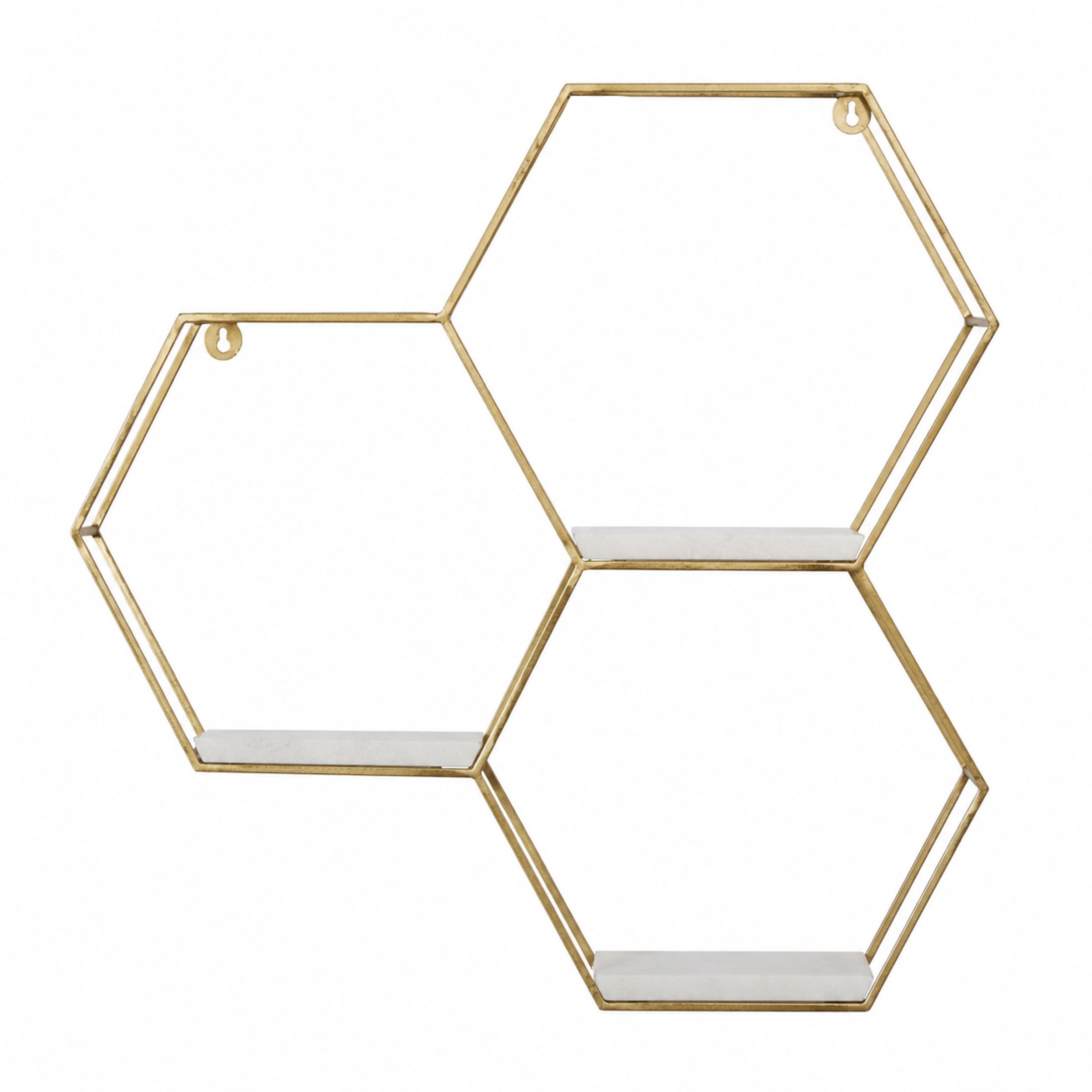 DecMode 24" x 6" Hexagon 3-Tier Gold Geometric Wall Shelf with 3 Marble Shelves