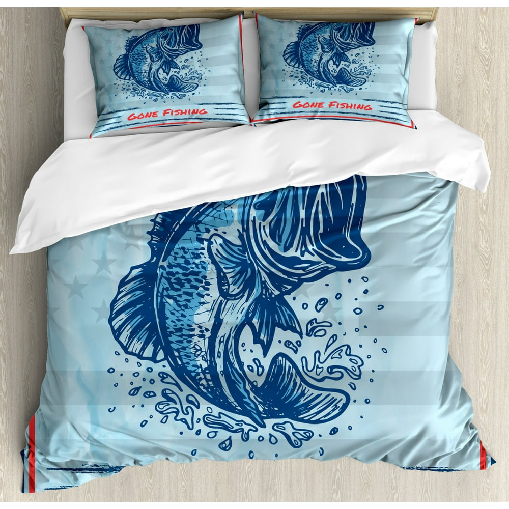Gone Fishing Duvet Cover Set Queen Size, Vintage Design Trout Fish