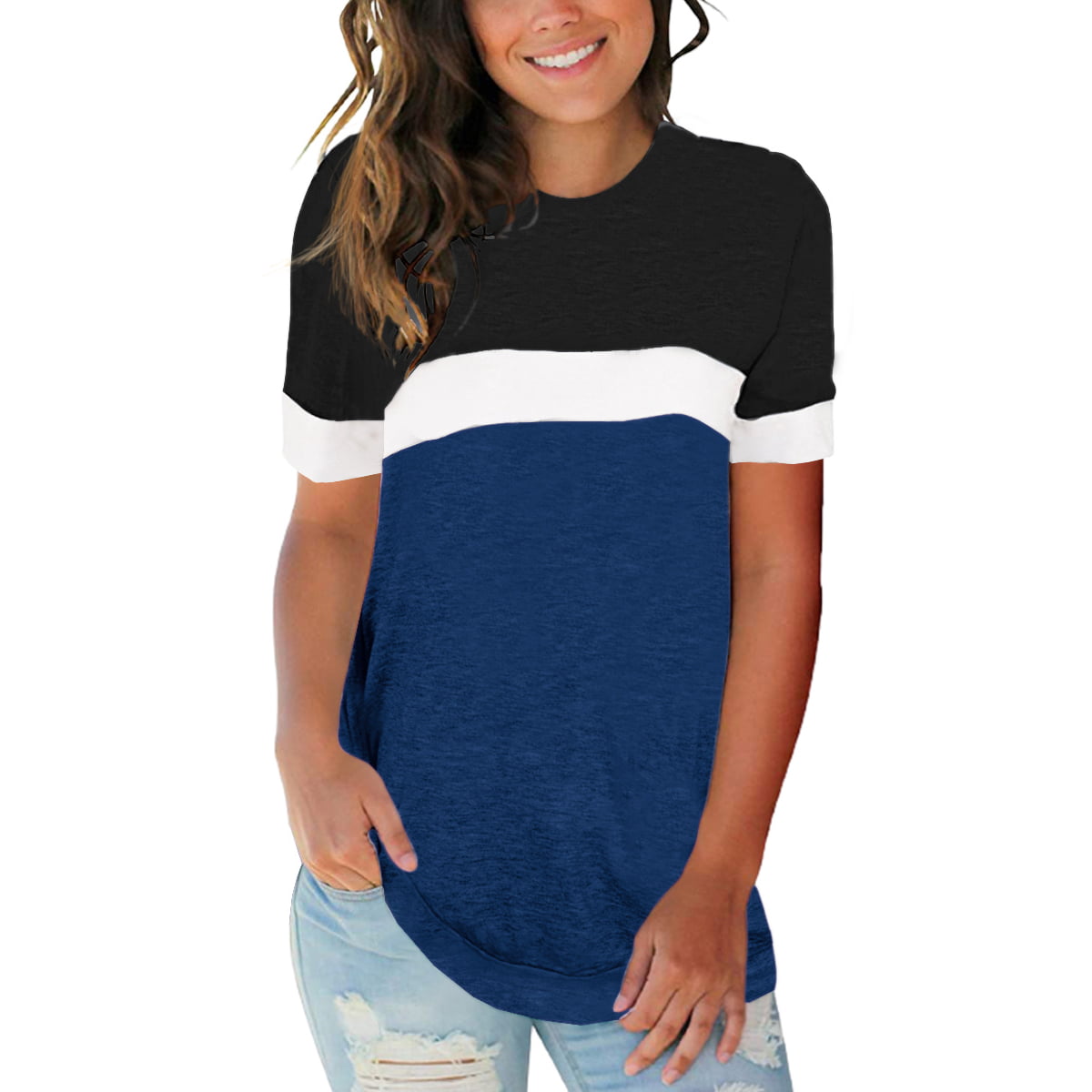 Aleumdr Women's Short Sleeve Crew Neck T Shirts Color Block Tops with Pocket S-XXL 