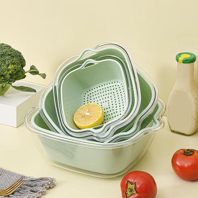 Amzcrzy Kitchen Washing Vegetable Baskets 6-Piece Set, Thickened Double-Layer Drain Basket Strainer Colander Bowl Set, Stackable Vegetable Colander Washing Fruit Basket for Kitchen Storage Cleaning